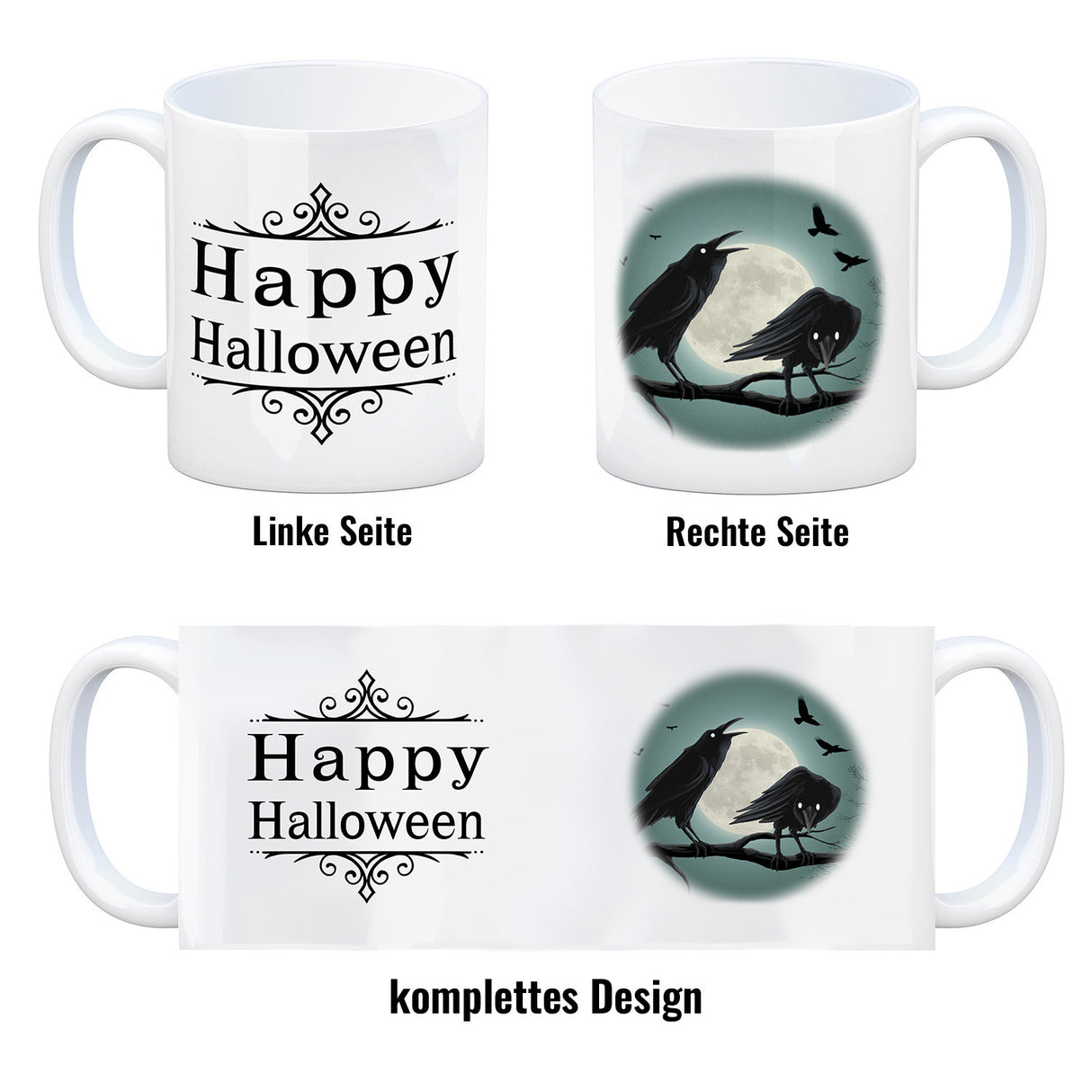 Kaffeetasse mit gruseligem Rabe Motiv und Spruch - Happy Halloween