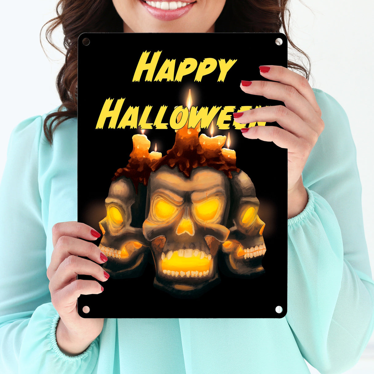 Metallschild für Halloween mit Totenköpfen und Schriftzug - Happy Halloween