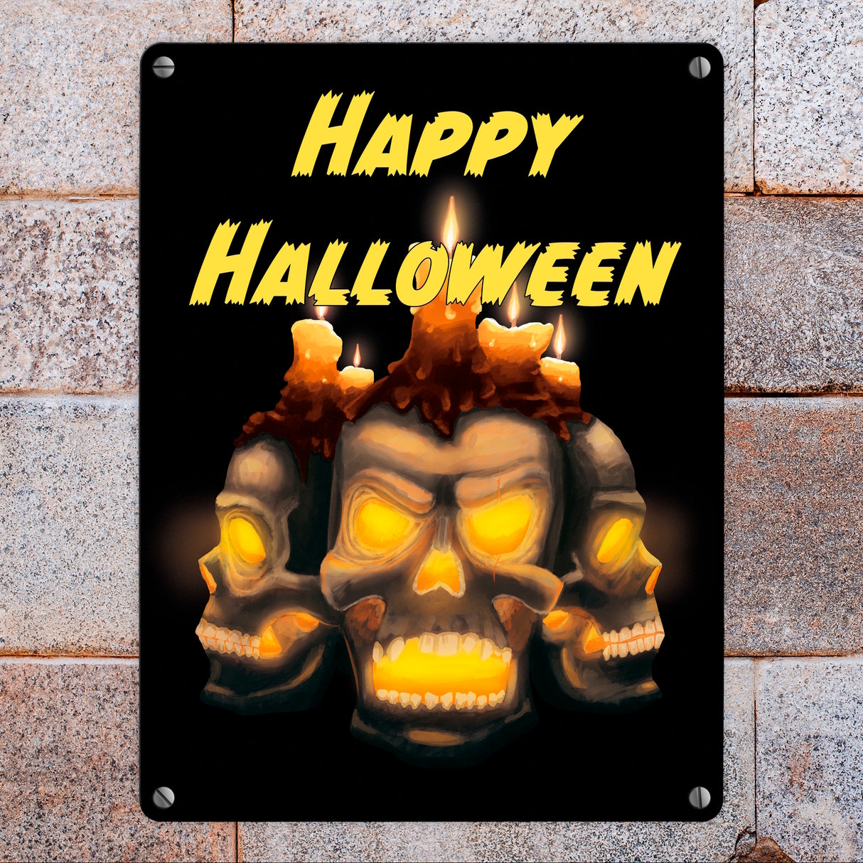 Metallschild für Halloween mit Totenköpfen und Schriftzug - Happy Halloween