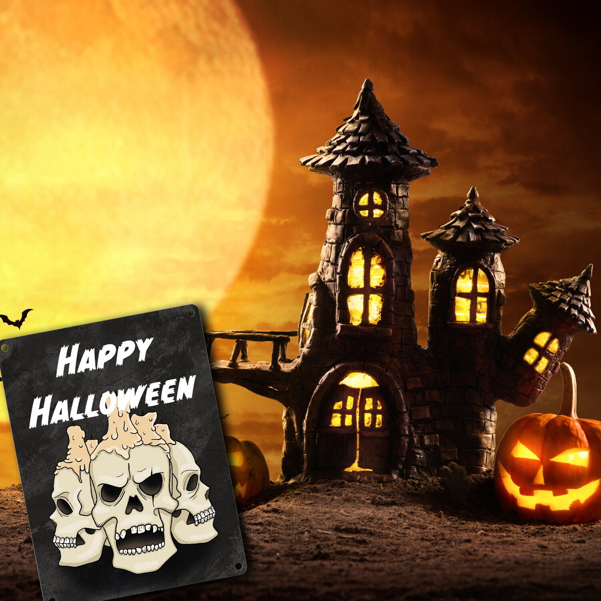 Metallschild für Halloween mit Totenköpfen und Schriftzug - Happy Halloween