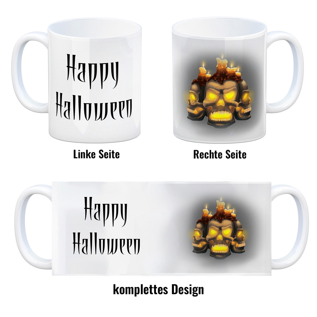 Kaffeetasse mit Totenköpfen und brennenden Kerzen - Happy Halloween