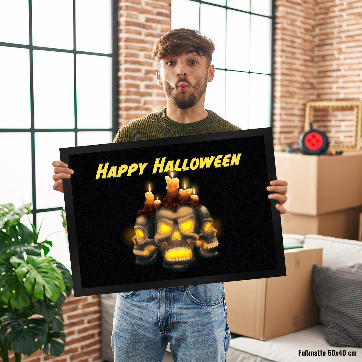 Fußmatte für Halloween mit Totenköpfen und brennenden Kerzen - Happy Halloween
