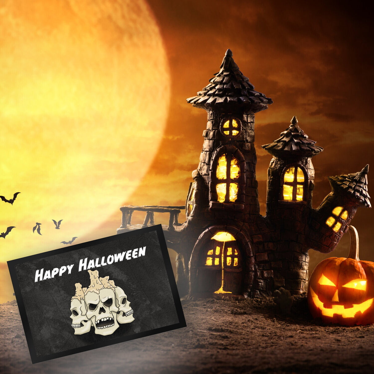 Fußmatte für Halloween mit Totenköpfen und Kerzen - Happy Halloween