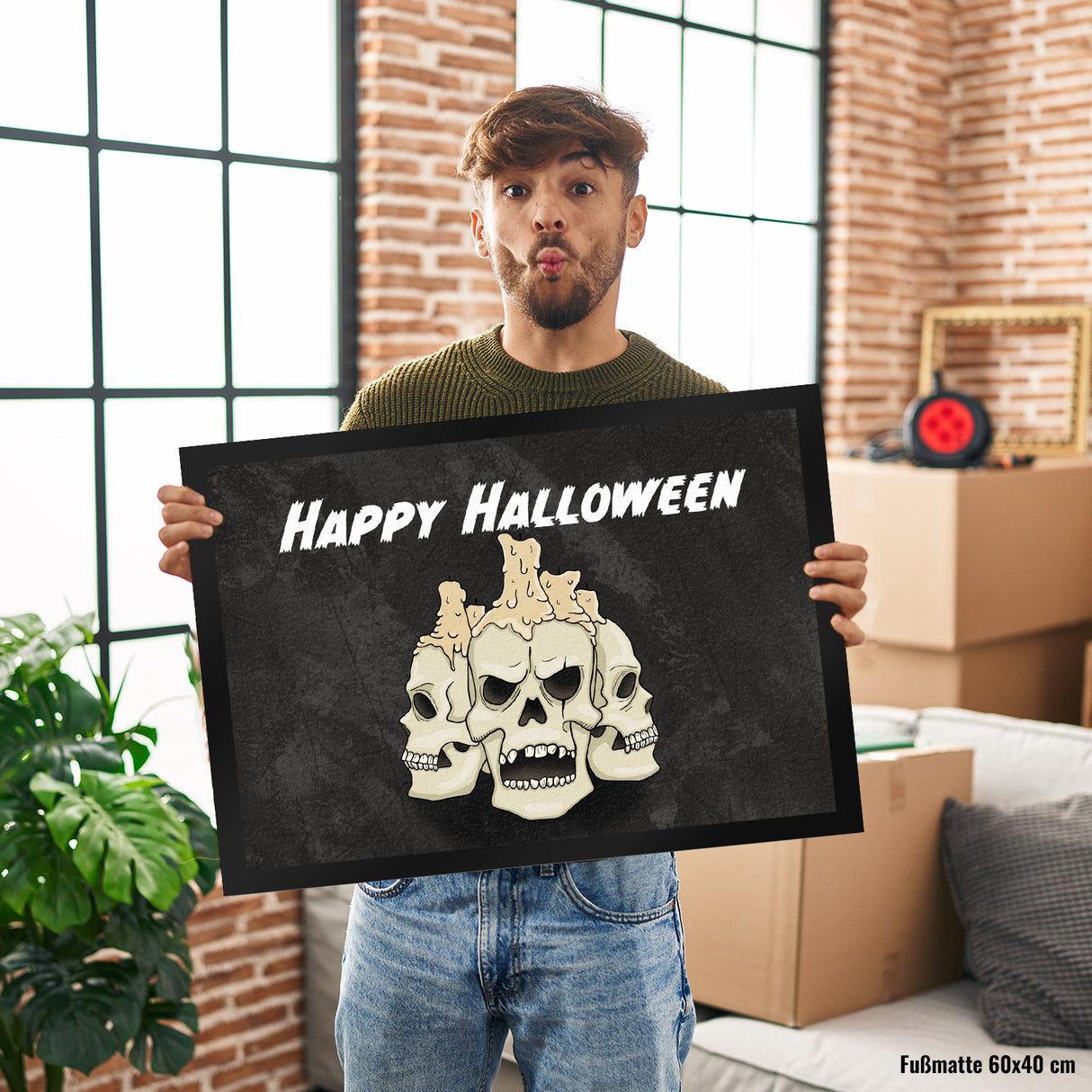 Fußmatte für Halloween mit Totenköpfen und Kerzen - Happy Halloween