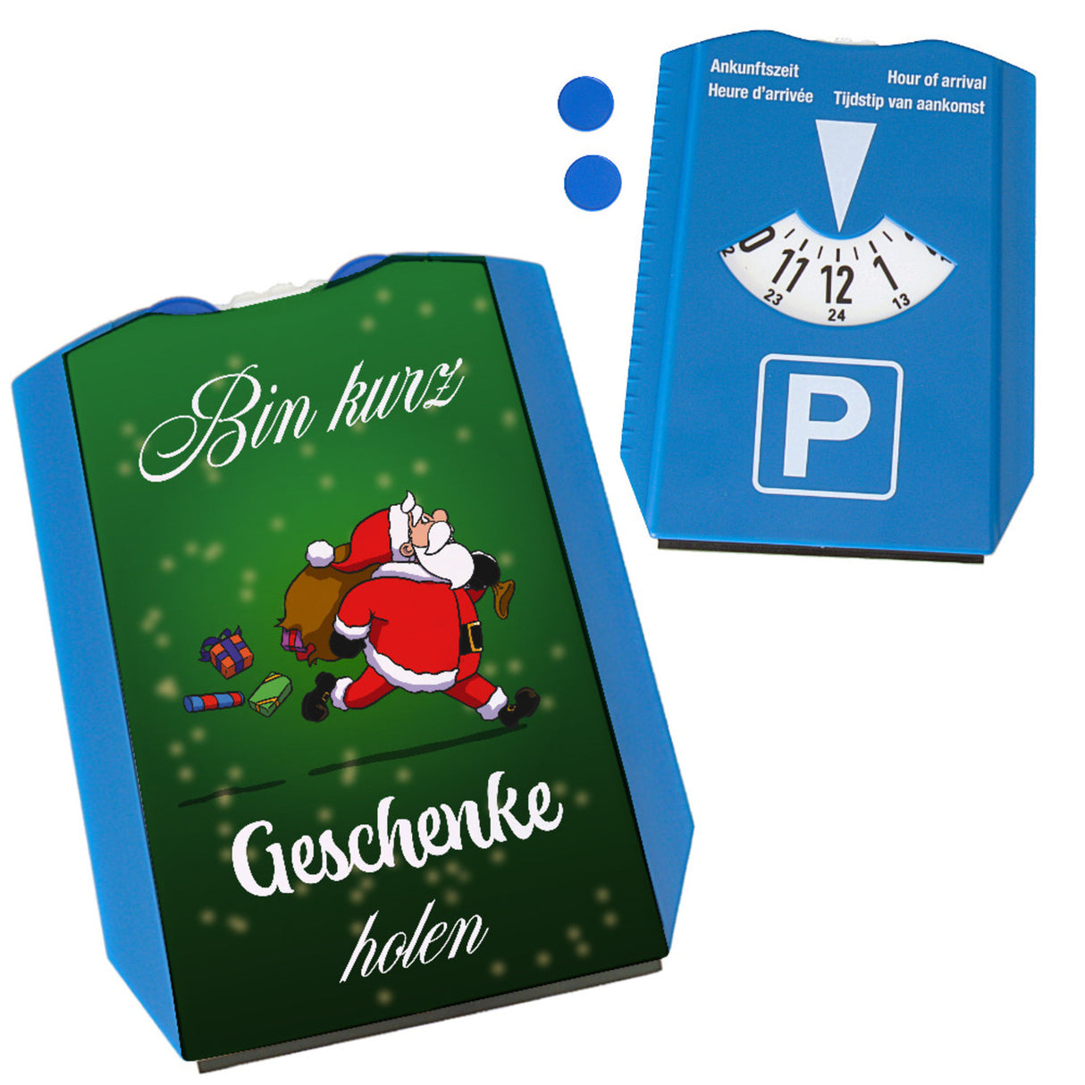 Parkscheibe mit Weihnachtsmann Motiv und Spruch - Bin kurz Geschenke holen