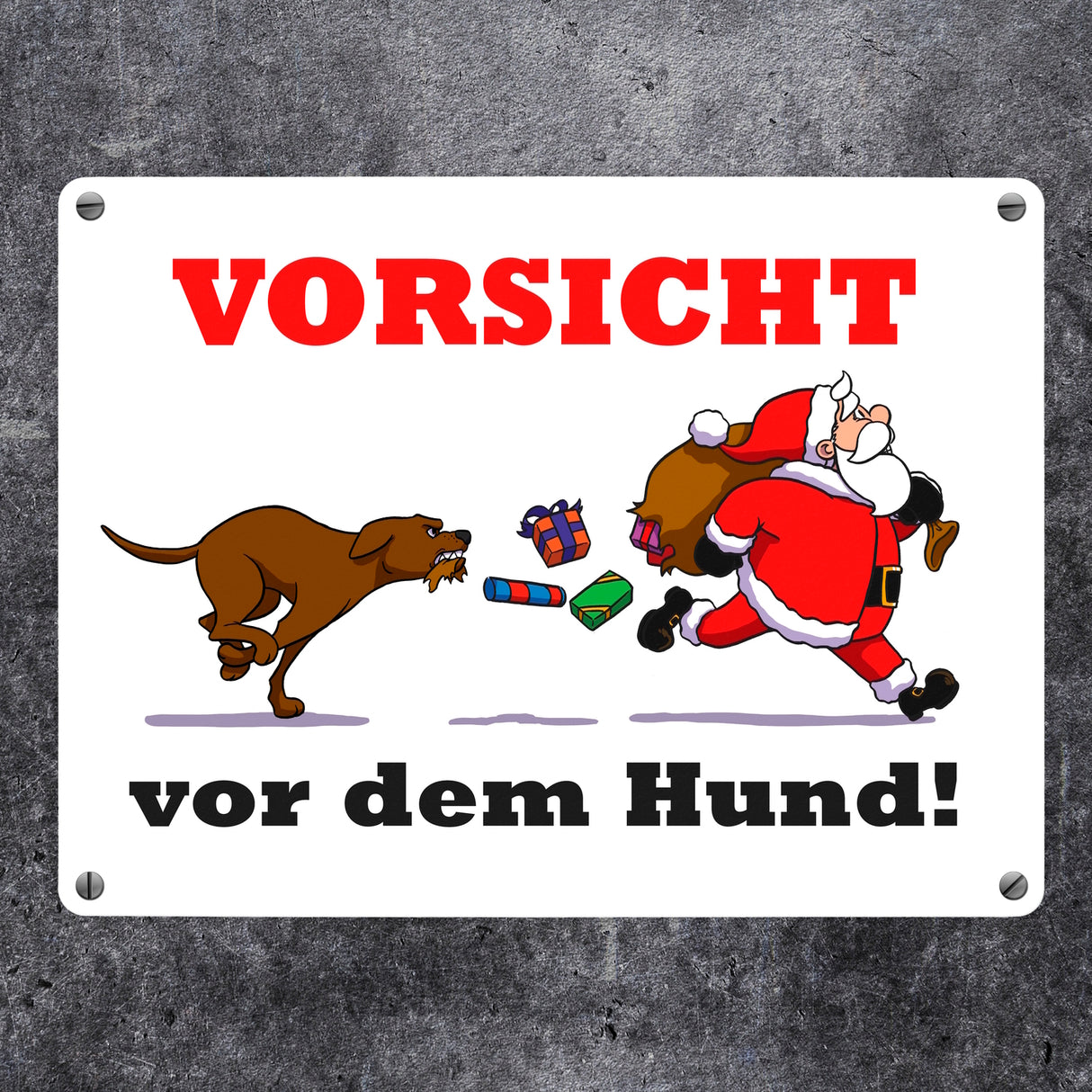 Metallschild mit Spruch und Weihnachtsmotiv - Vorsicht vor dem Hund!