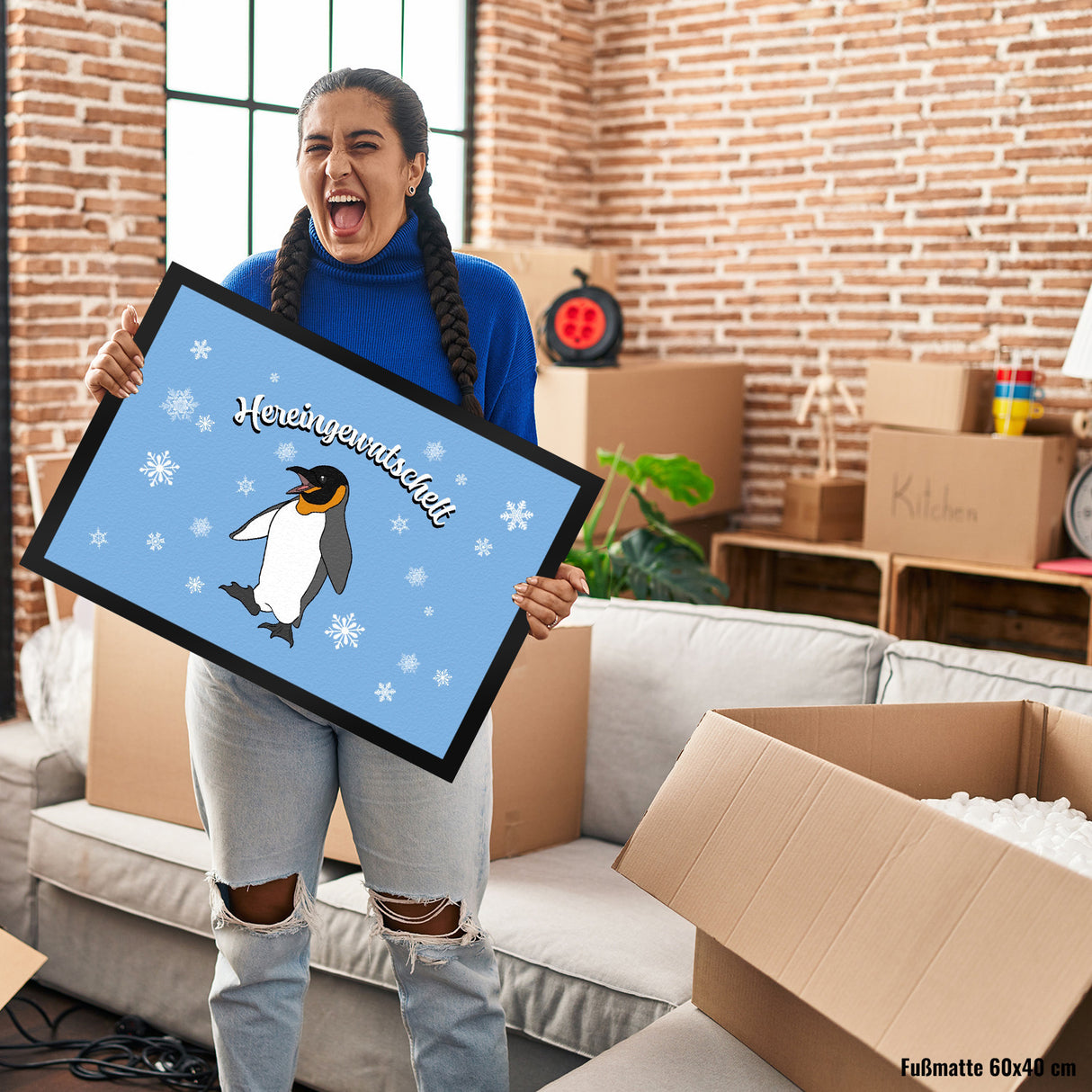 Fußmatte mit niedlichem Pinguin-Motiv und Schneeflocken - Hereingewatschelt