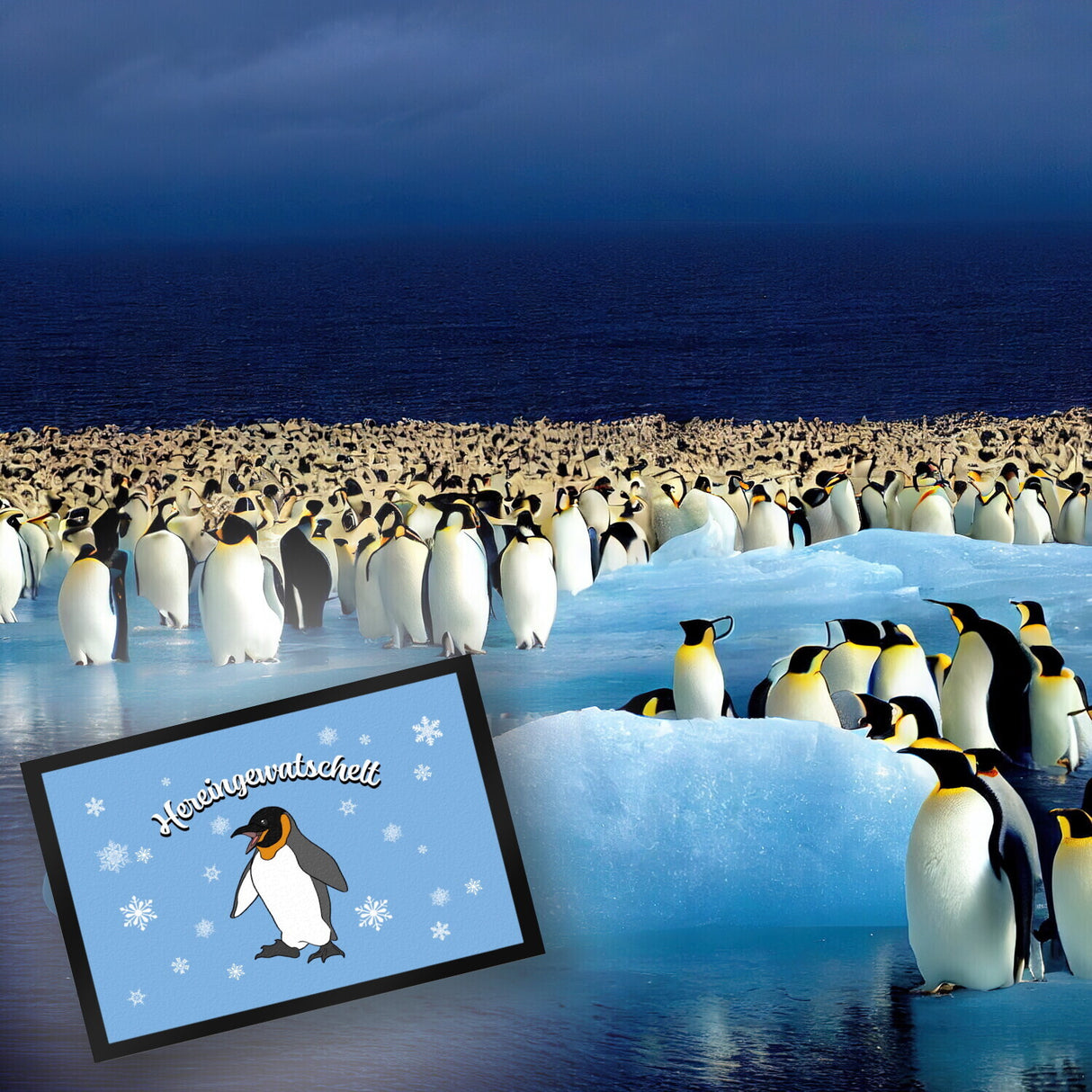 Fußmatte mit niedlichem Pinguin-Motiv und Schneeflocken - Hereingewatschelt