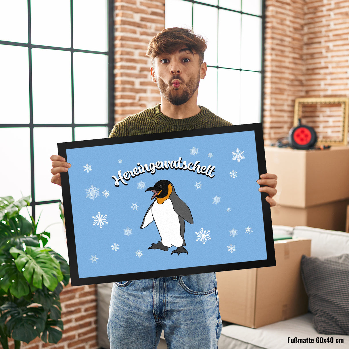 Fußmatte mit niedlichem Pinguin-Motiv und Schneeflocken - Hereingewatschelt