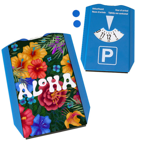 Blumenmotiv mit Aloha Schriftzug Parkscheibe mit zwei Einkaufswagenchips