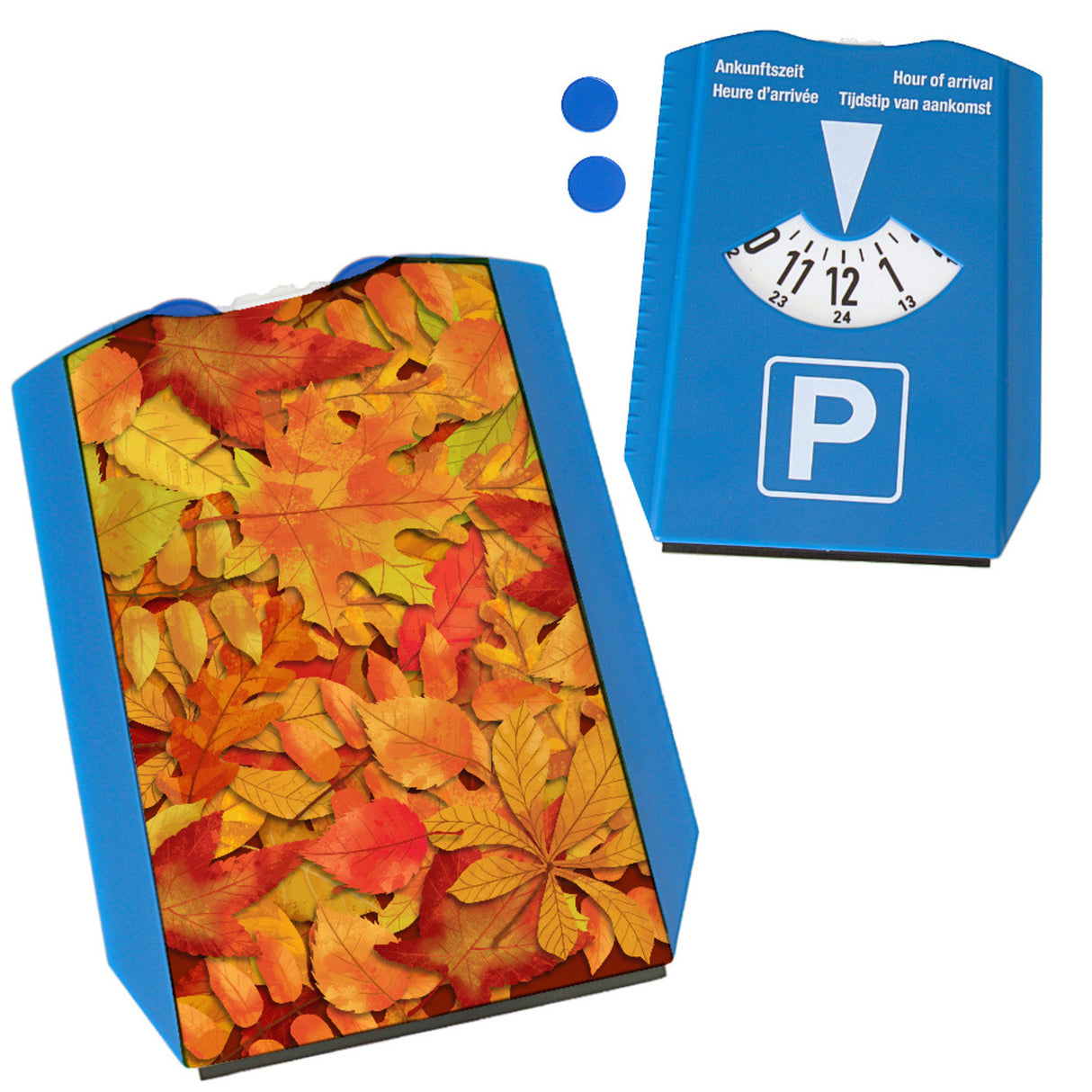 Herbstblätter Laubhaufen Parkscheibe mit zwei Einkaufswagenchips