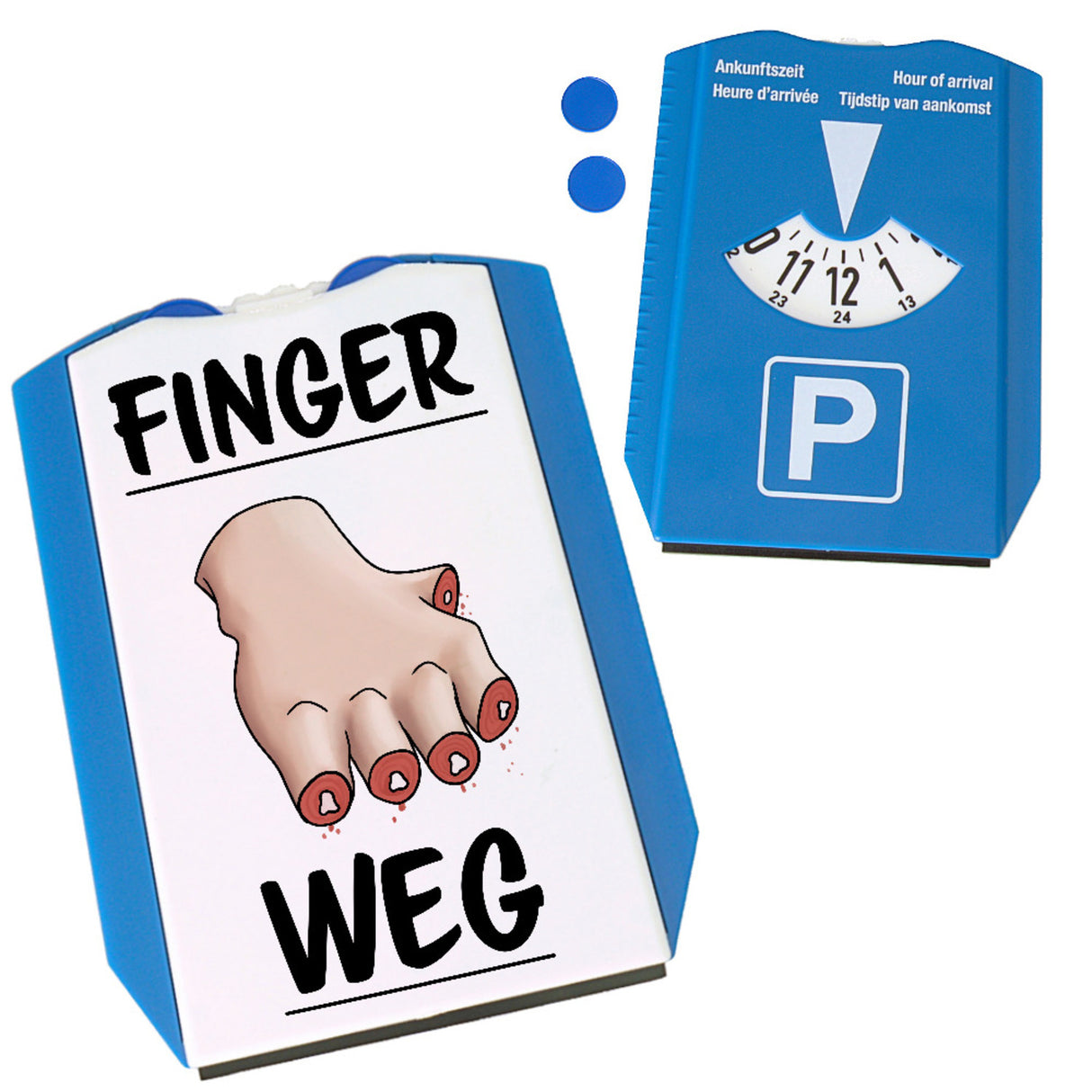 Finger weg Parkscheibe mit abgehackten Fingern und zwei Einkaufswagenchips