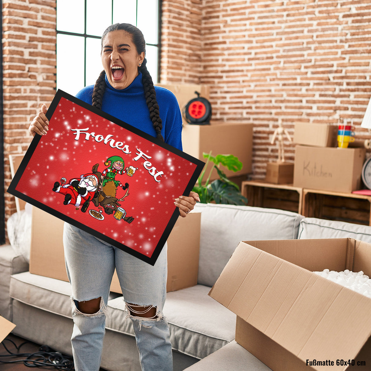 Frohes Fest mit lustigem Weihnachtsmotiv Fußmatte