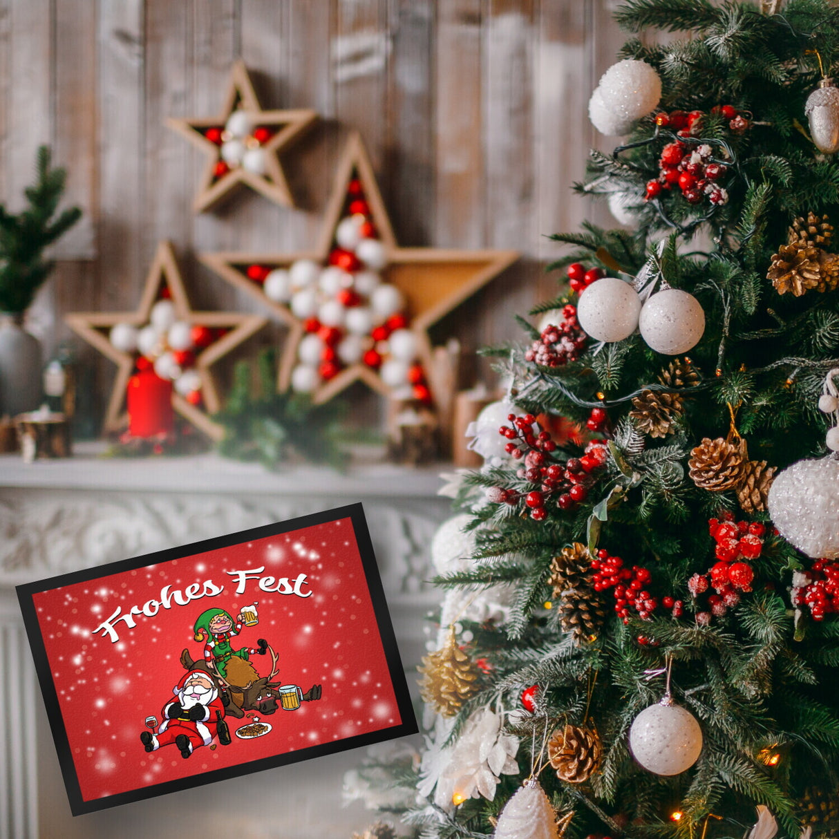 Frohes Fest mit lustigem Weihnachtsmotiv Fußmatte