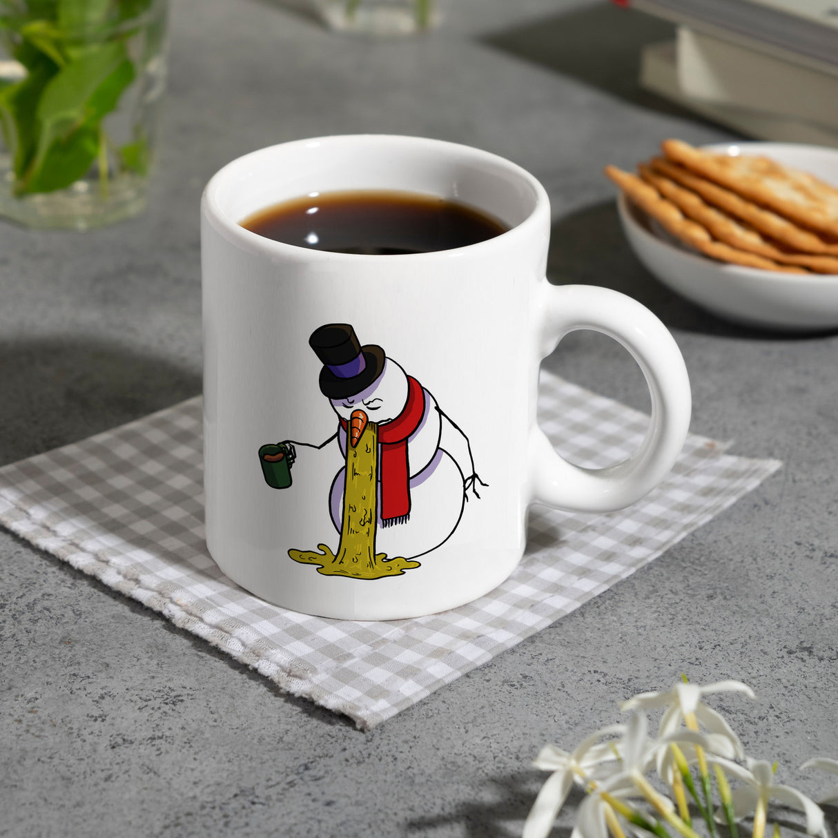 Kotzender Schneemann mit Glühweintasse Weihnachten Kaffeebecher