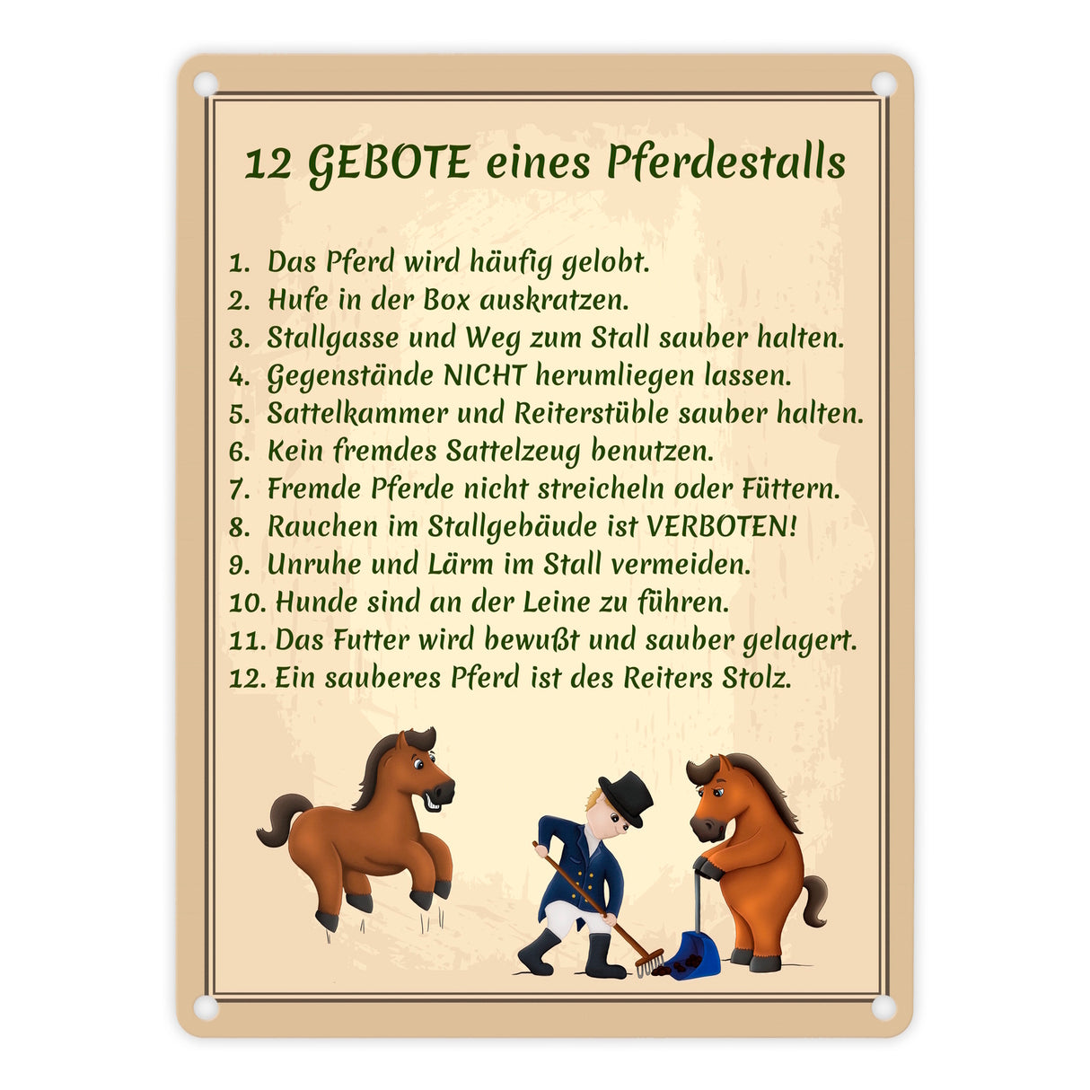 12 Gebote eines Pferdestalls Metallschild in 15x20 cm