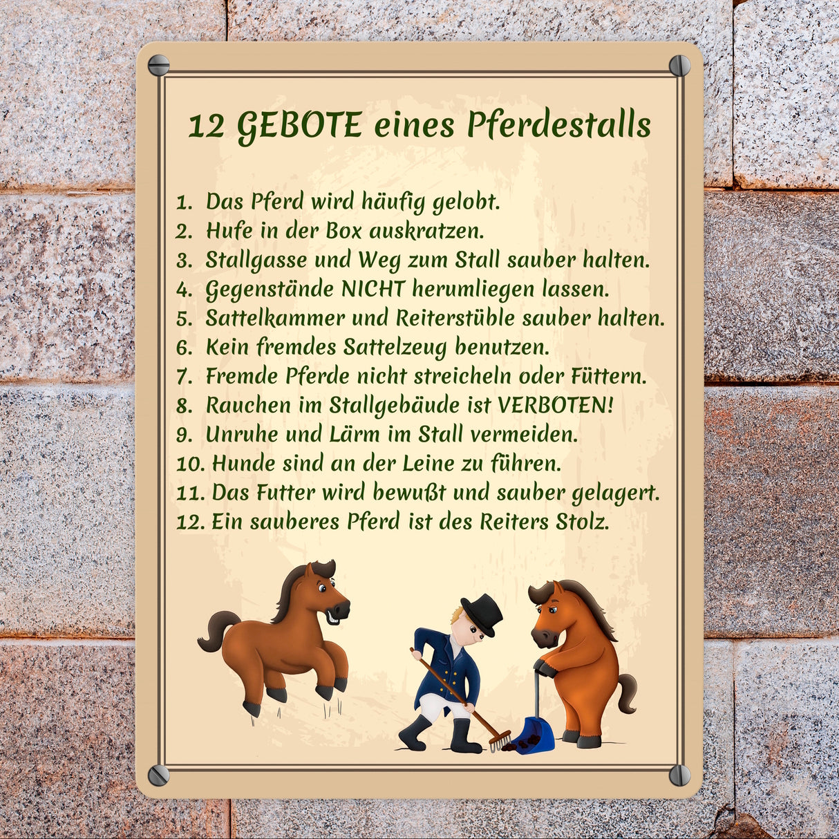 12 Gebote eines Pferdestalls Metallschild in 15x20 cm