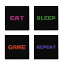 Eat.Sleep.Game.Repeat 4er Set Untersetzer aus Keramik mit bunter Schrift