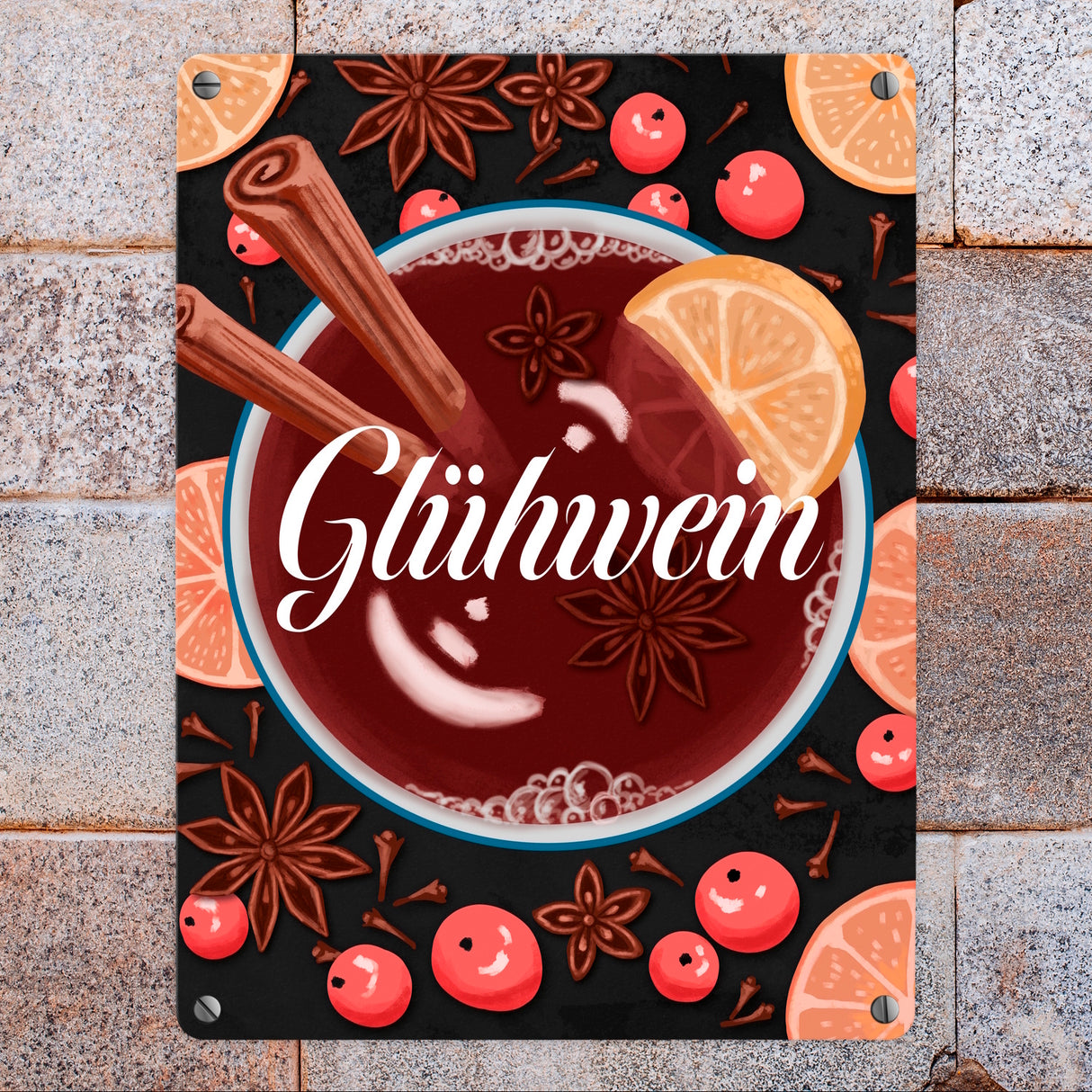 Glühwein mit Zutaten Motiv - dekoratives Metallschild für die Weihnachtszeit