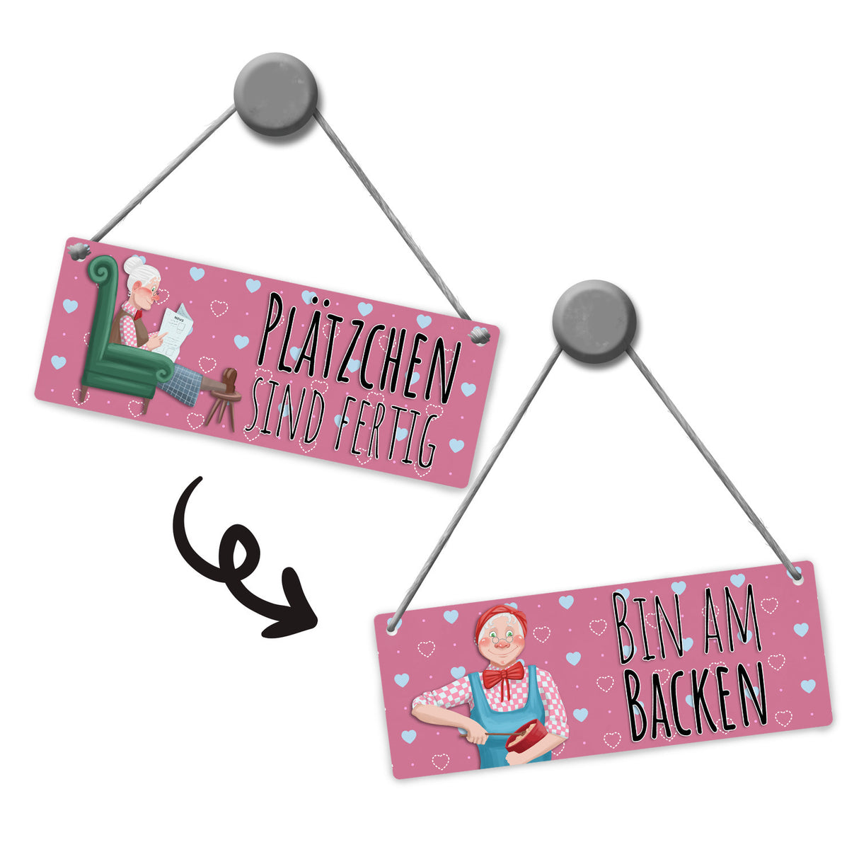 Wendeschild mit Kordel Das perfekte Gadget für alle, die gerne Backen oder viele Plätzchen zur Adventszeit backen. Mit diesem praktischen und schönen Wendeschild kannst du einfach zeigen, dass du gerade in der Küche beschäftigt bist.