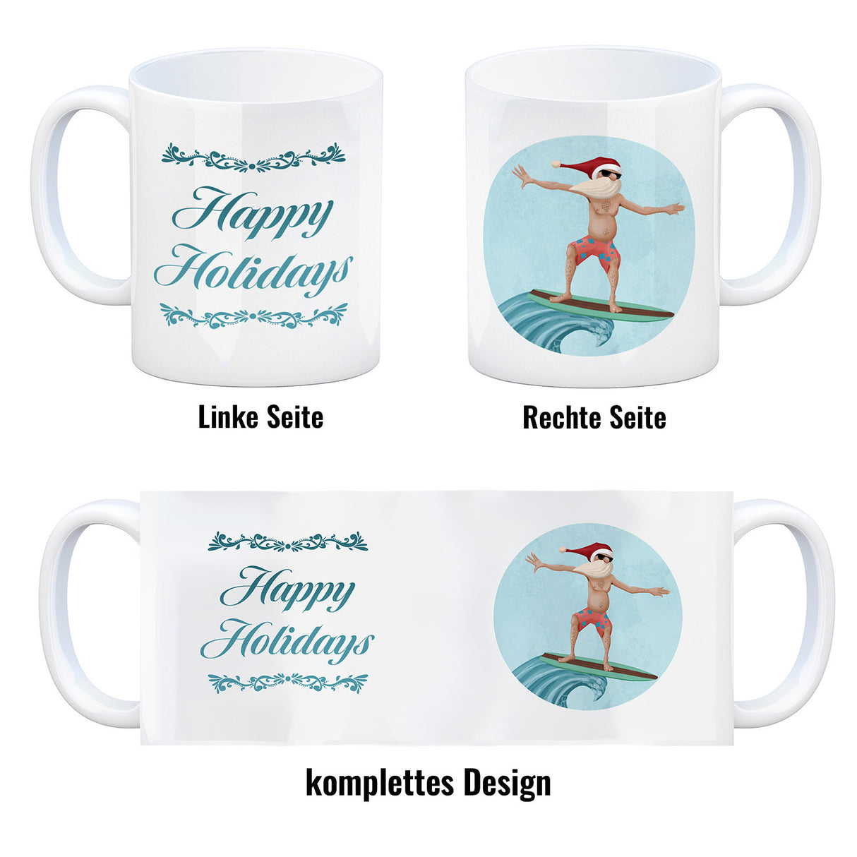 Happy Holidays witziger Kaffeebecher mit Weihnachtsmann auf Surfbrett