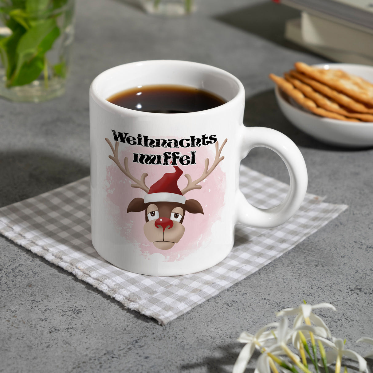 Weihnachtsmuffel witzige Kaffeetasse mit lustlosem Rentier Motiv