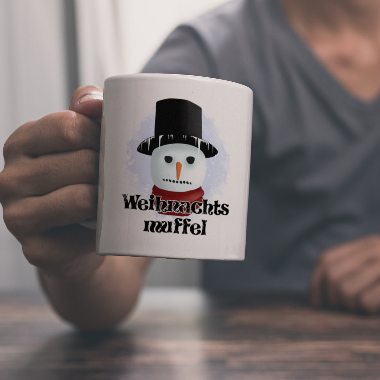 Weihnachtsmuffel witzige Kaffeetasse mit lustlosem Schneemann Motiv