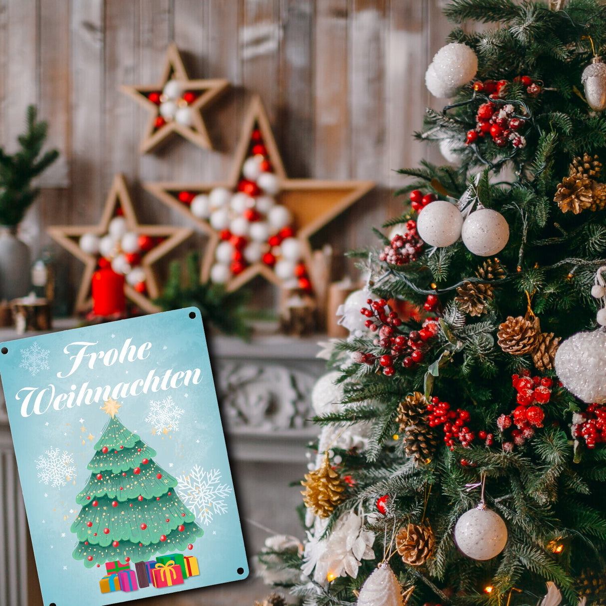 Frohe Weihnachten mit Weihnachtsbaum und Schneeflocken Metallschild