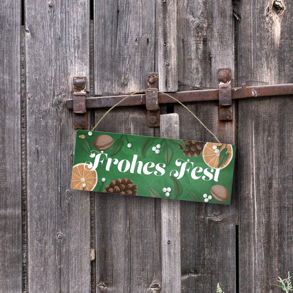 Frohes Fest mit Mistelzweigen und Tannenzäpfen Metallschild