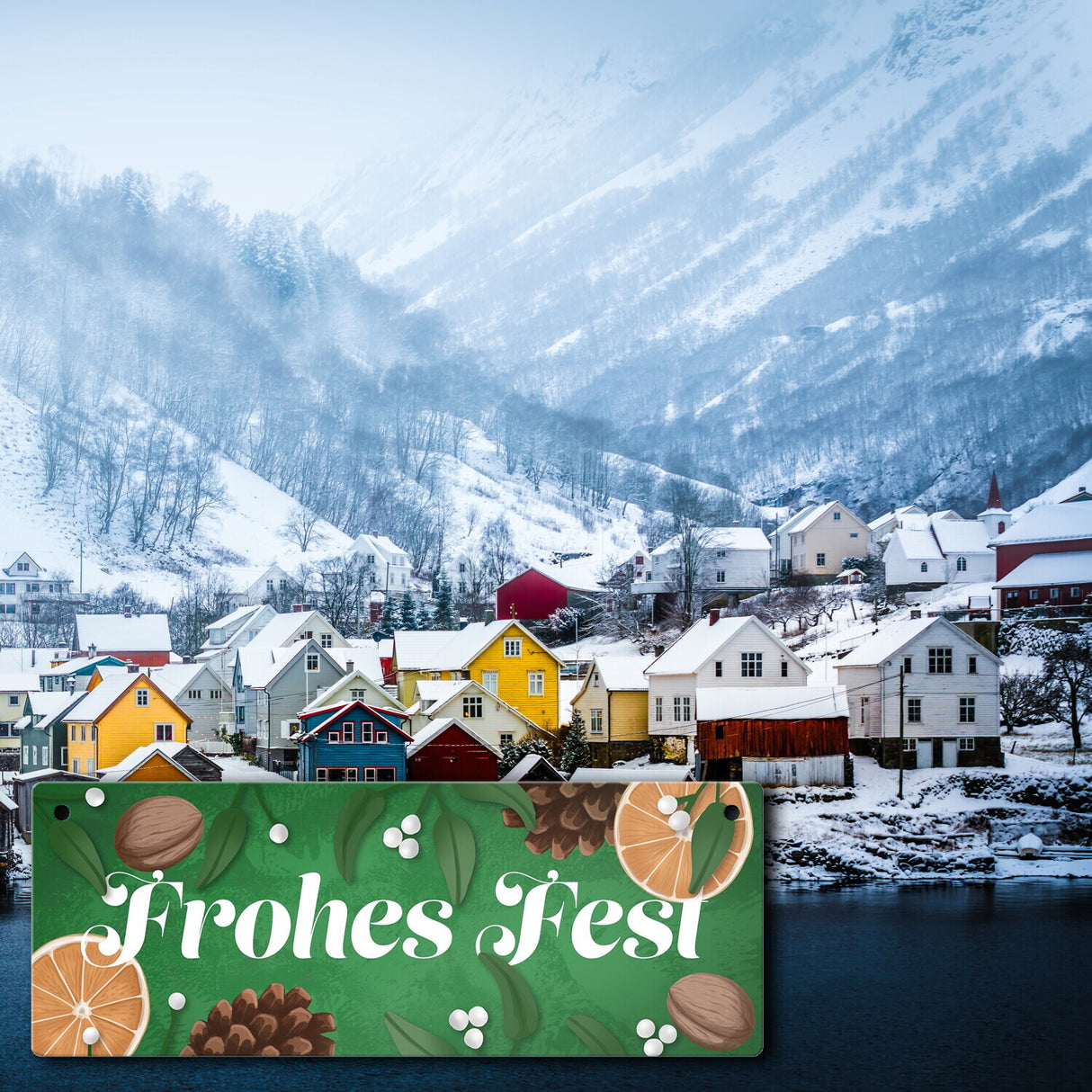 Frohes Fest mit Mistelzweigen und Tannenzäpfen Metallschild