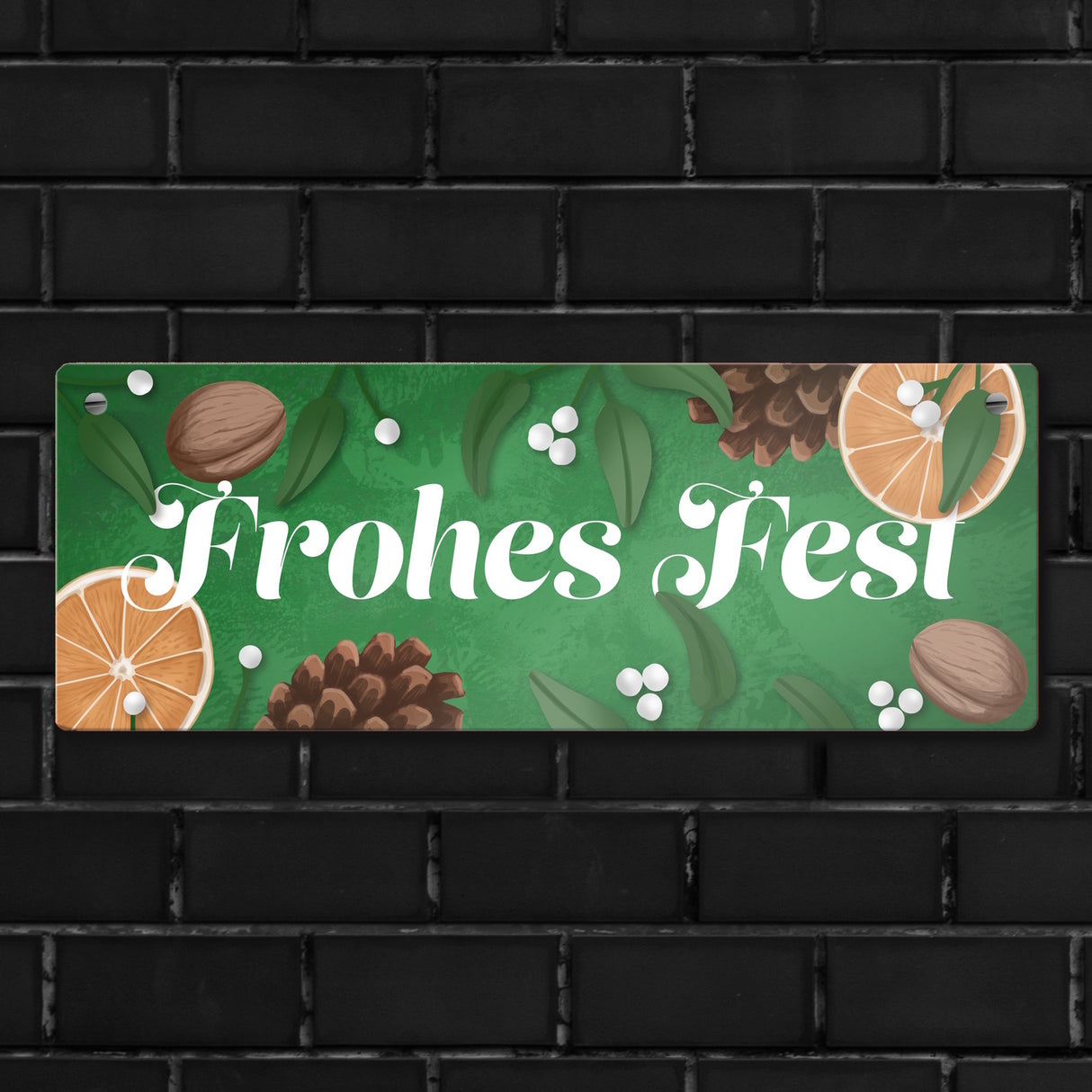 Frohes Fest mit Mistelzweigen und Tannenzäpfen Metallschild