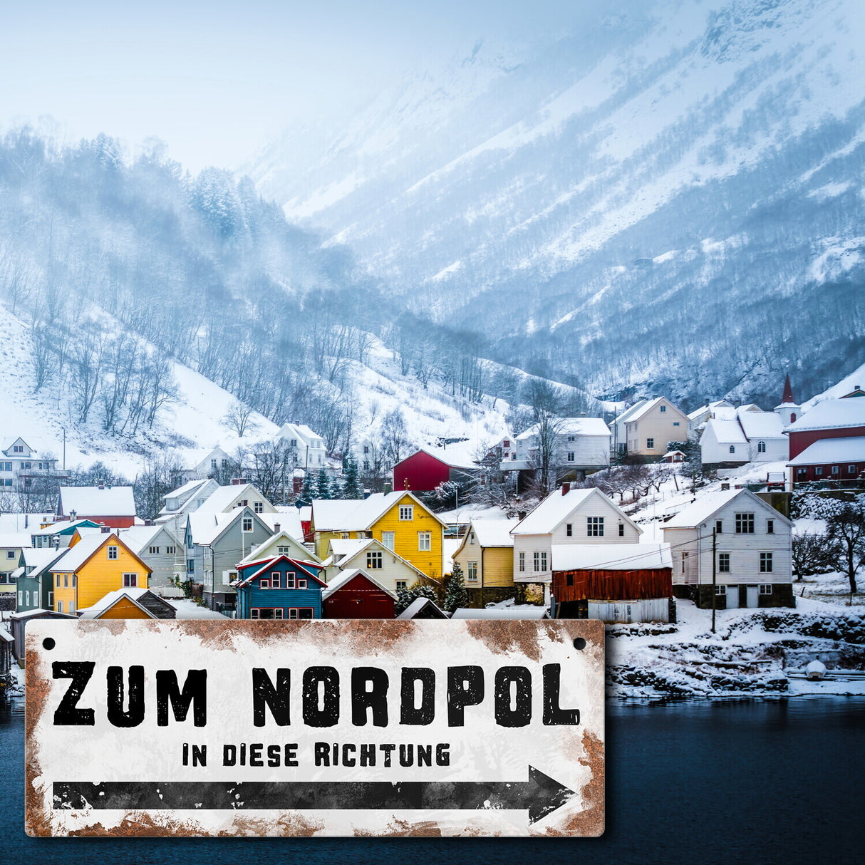 Zum Nordpol in diese Richtung Metallschild im Used-Look