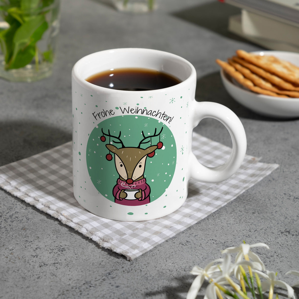 Frohe Weihnachten Kaffeebecher mit süßem Rentier