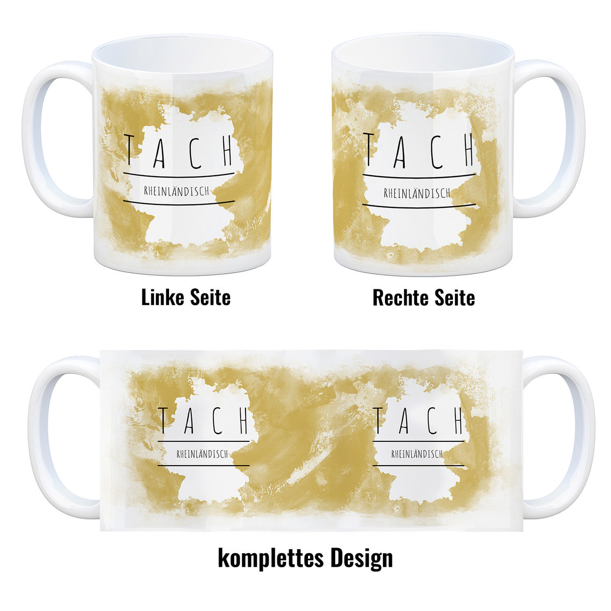 Hallo auf Rheinländisch Tach lustiger Kaffeebecher mit gelbem Hintergrund