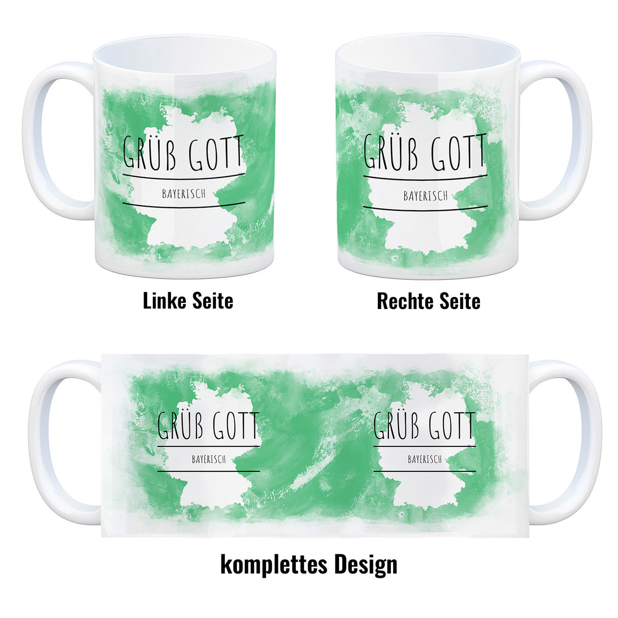 Hallo auf Bayerisch Grüß Gott lustiger Kaffeebecher mit grünem Hintergrund