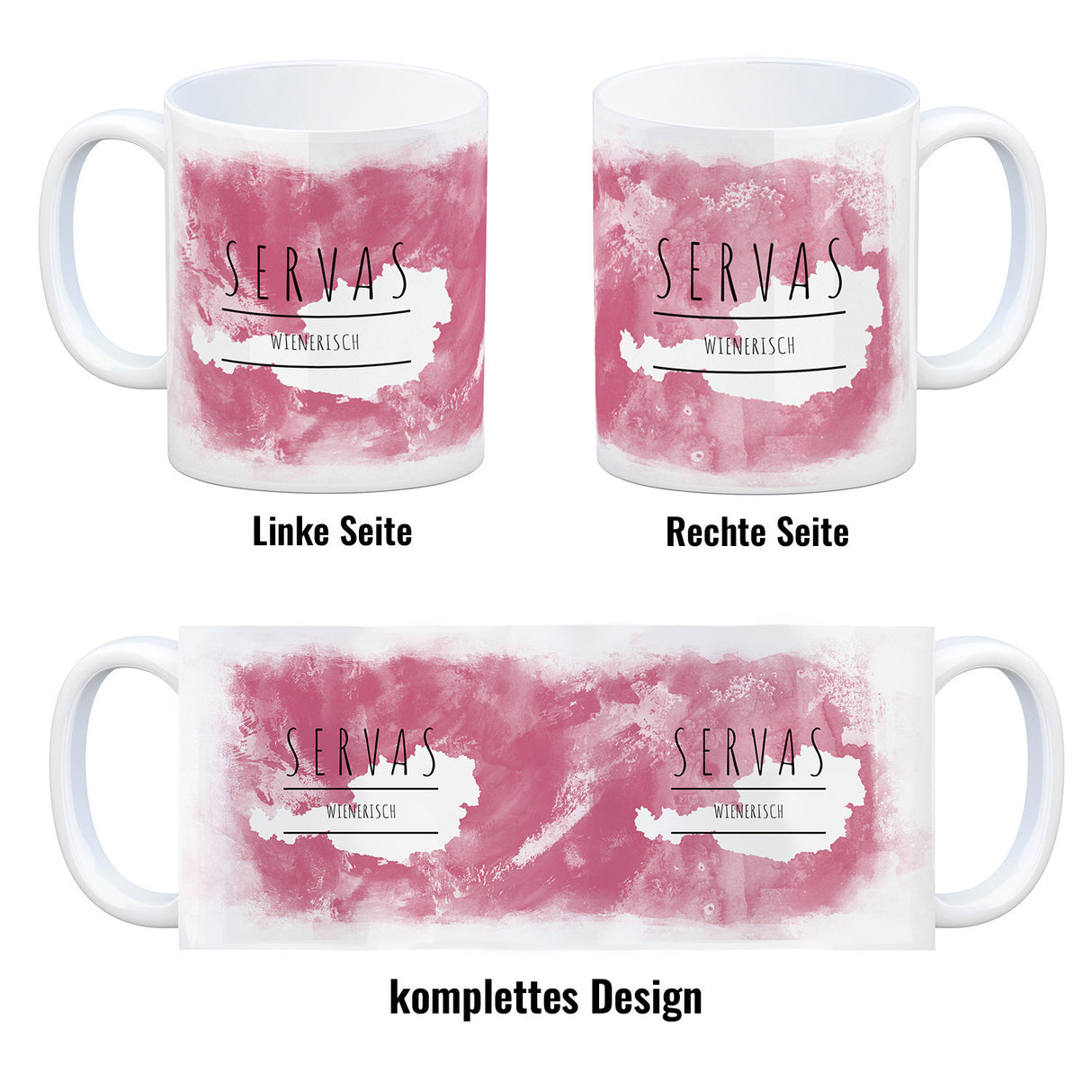 Hallo auf Wienerisch Servas lustiger Kaffeebecher mit rosaem Hintergrund