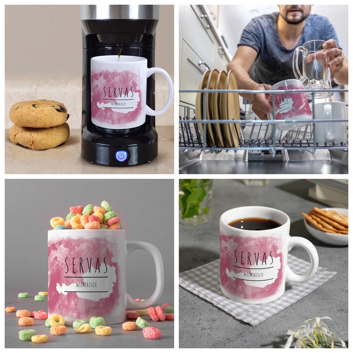 Hallo auf Wienerisch Servas lustiger Kaffeebecher mit rosaem Hintergrund