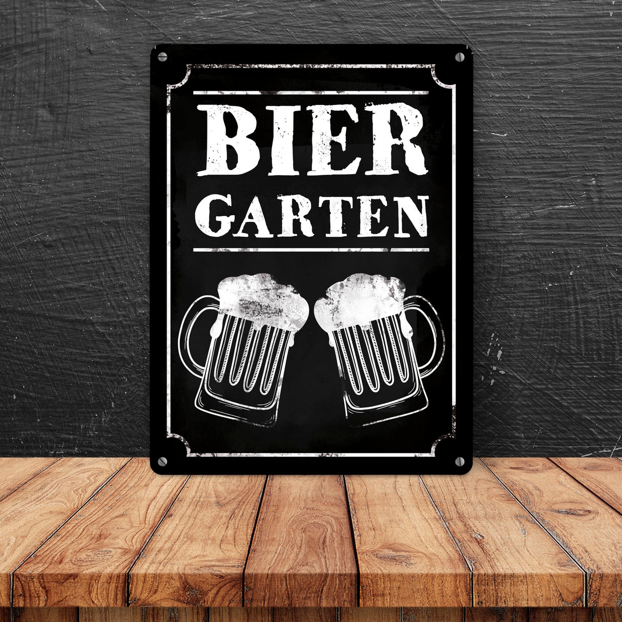 Biergarten Metallschild mit zwei Bierkrügen im Used-Look