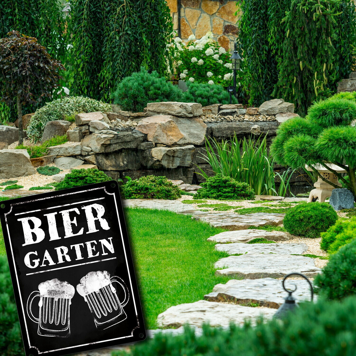 Biergarten Metallschild mit zwei Bierkrügen im Used-Look