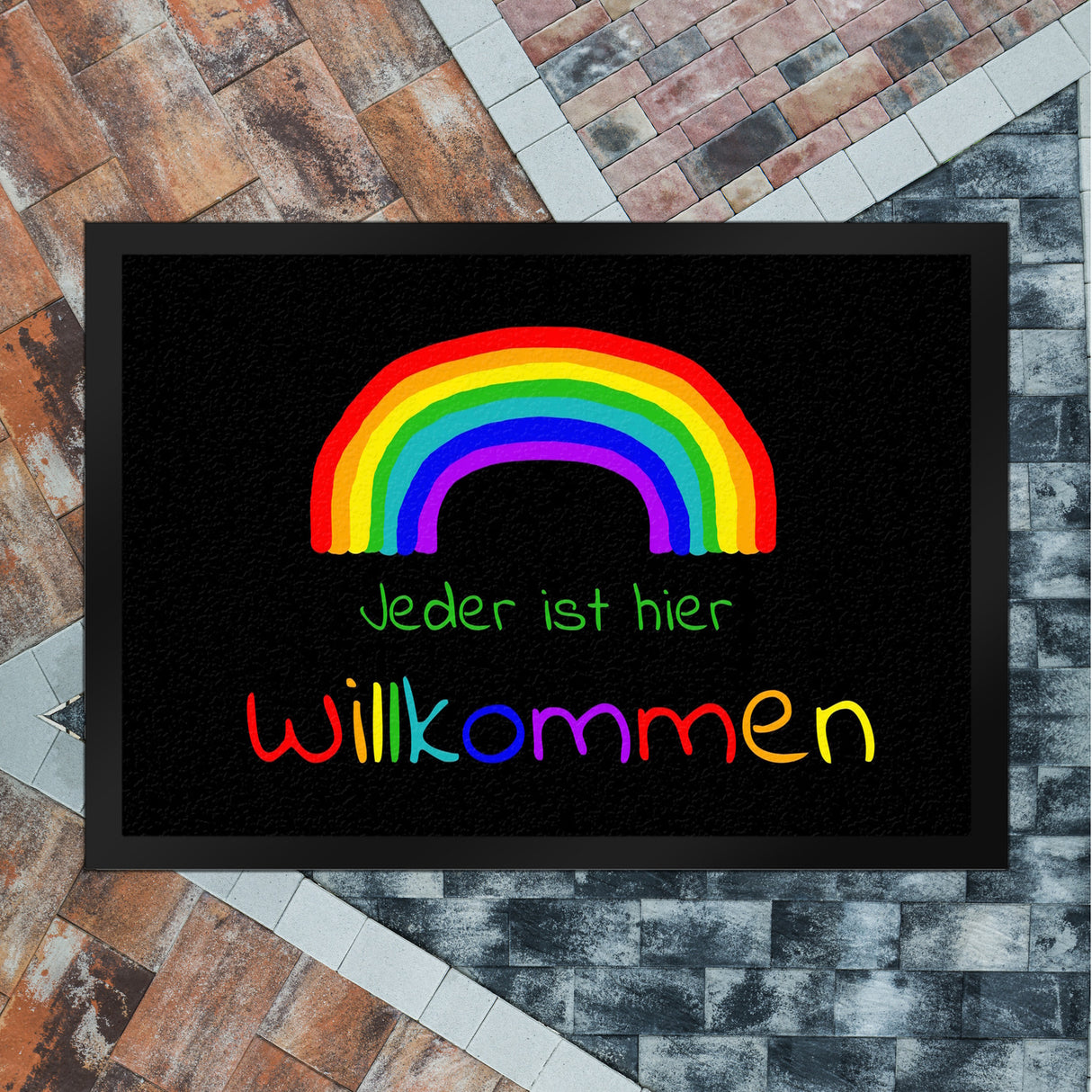 Regenbogen Fußmatte mit Spruch - Jeder ist hier Willkommen LGBTQ