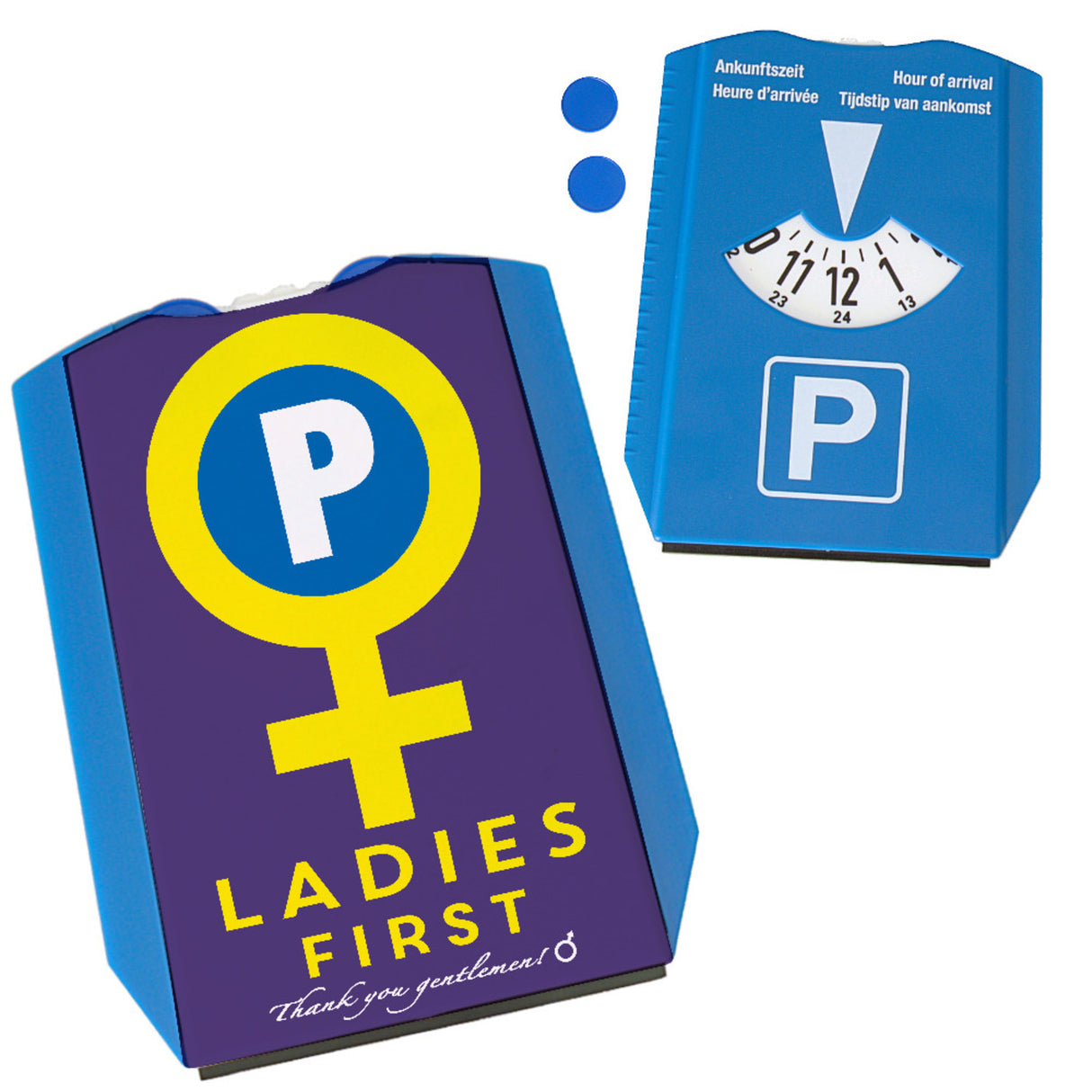 Venussymbol Ladies First Parkscheibe in Lila-Gelb mit 2 Einkaufswagenchips