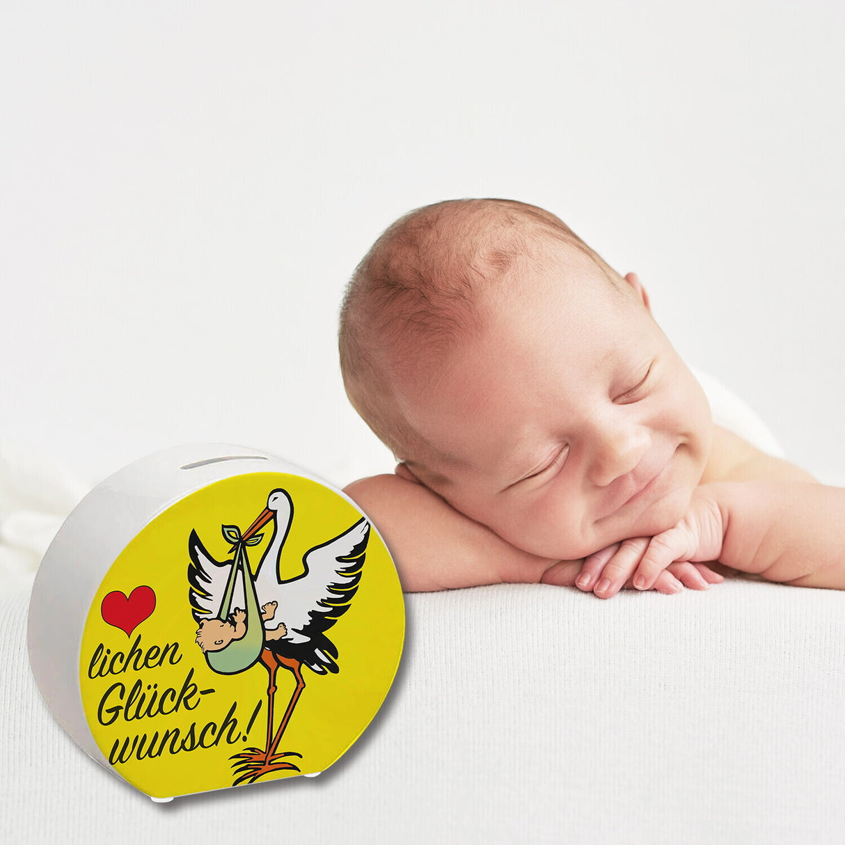 Storch und Kind Spardose zur Geburt mit niedlichem Motiv