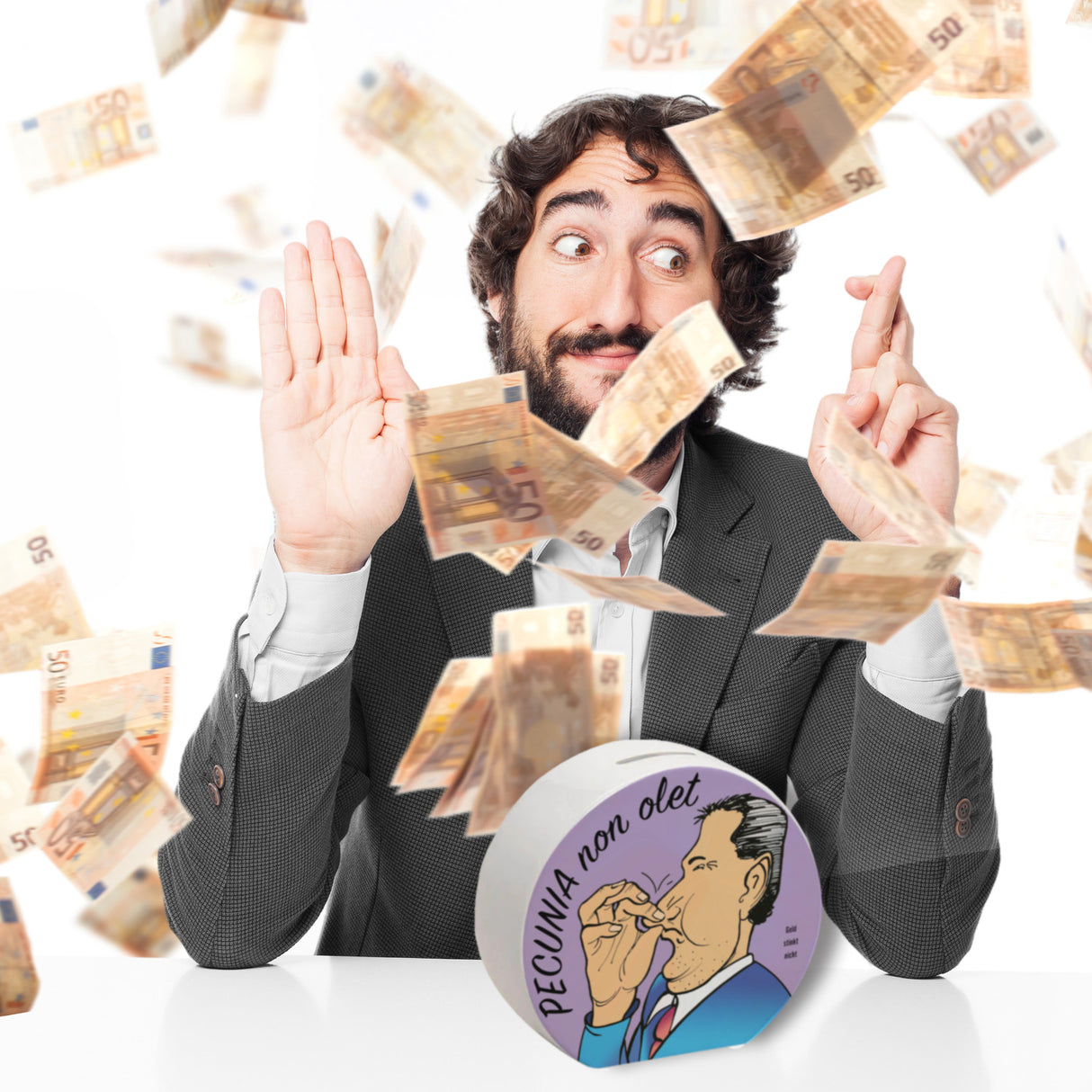 Pecunia non olet Spardose in Lila zum Thema Geld