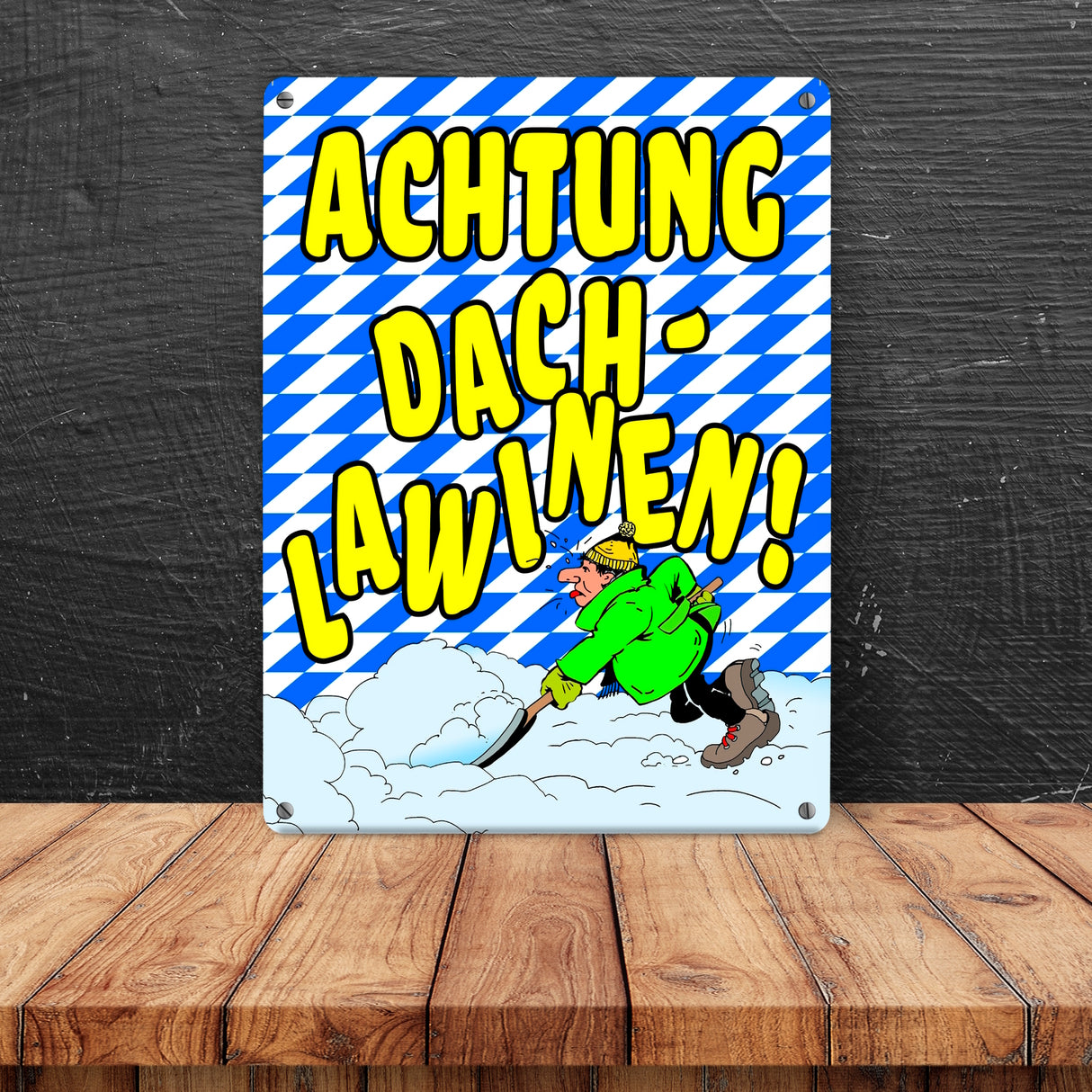 Dachlawine Metallschild zum Thema Schneefall im Winter -Gelb