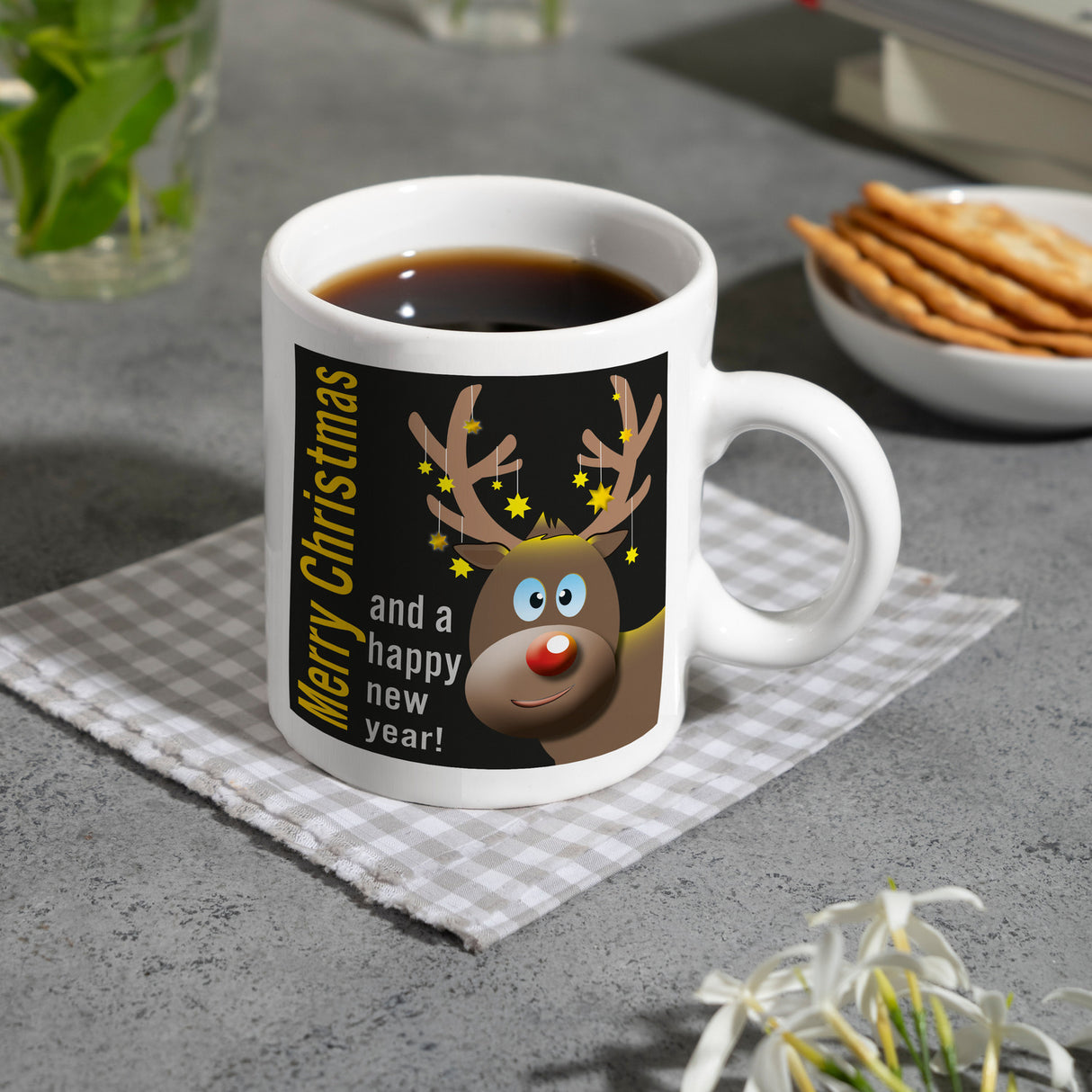 Rentier Motiv und Spruch Kaffeebecher zum Thema Weihnachten