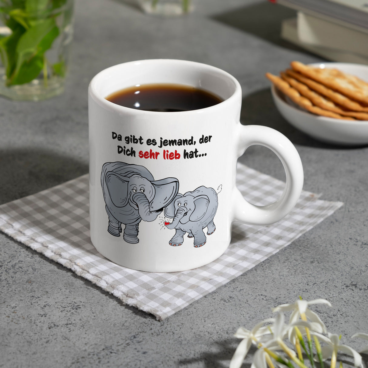 Kaffeebecher zum Thema Liebe mit Elefanten Motiv