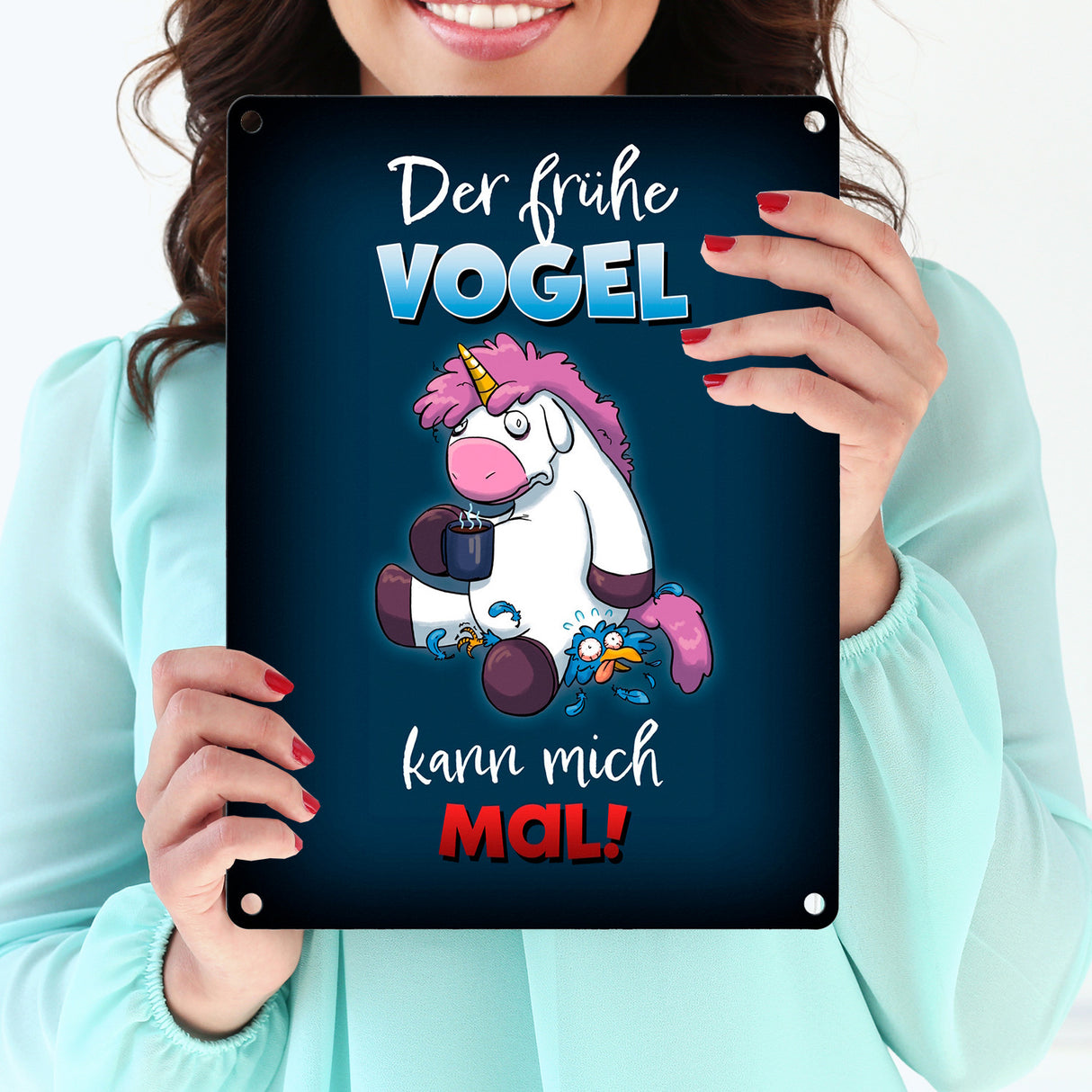 Der frühe Vogel kann mich mal Metallschild mit lustigem Einhorn