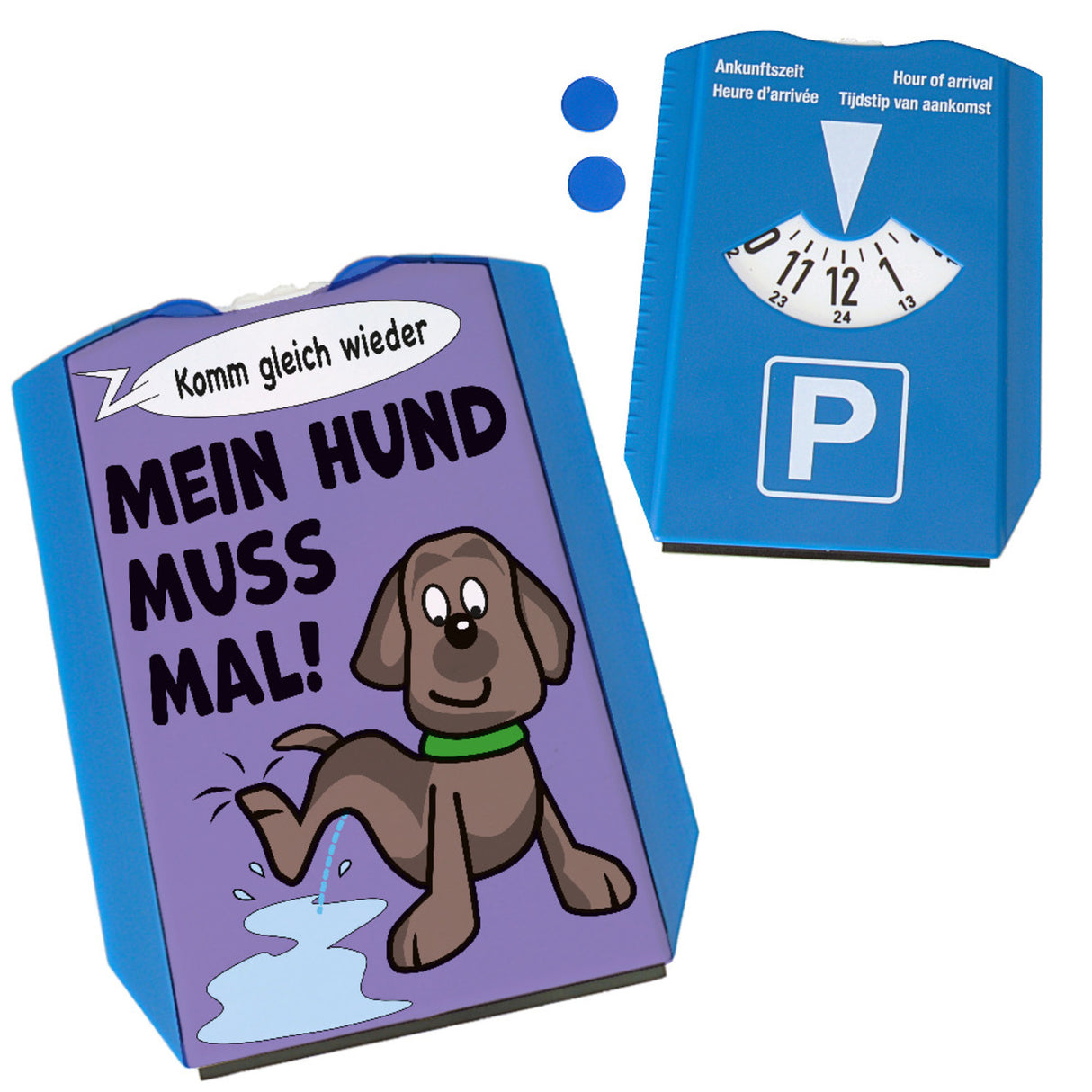 Hund muss mal! Parkscheibe in lila mit 2 Einkaufswagenchips