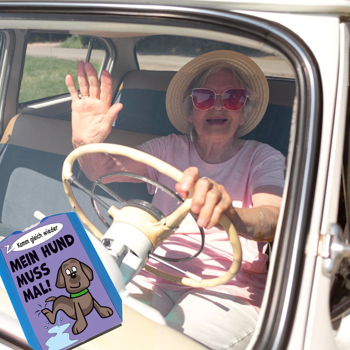 Hund muss mal! Parkscheibe in lila mit 2 Einkaufswagenchips