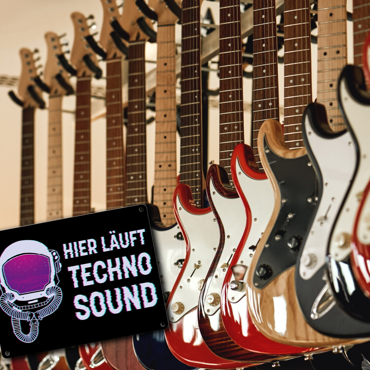 Hier läuft Techno Sound Metallschild mit Astronautenhelm für Raver